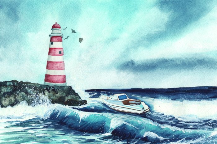 Papier peint  Bateau sur de grosses vagues avec un phare
