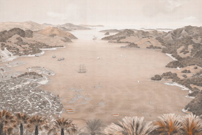 Papier peint  Ville pittoresque avec un horizon montagneux au bord de la mer