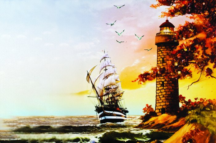 Papier peint  Navire en mer naviguant près d'un phare