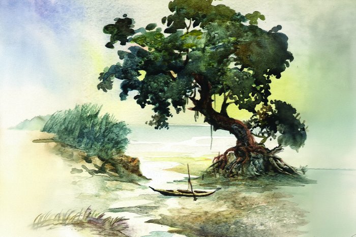 Papier peint  Motif aquarelle avec un arbre sur fond de mer
