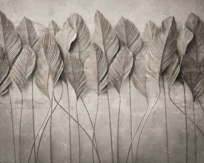 Papier peint  Feuilles 3D monochromes sur béton