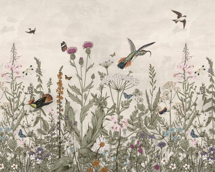 Papier peint  Prairie fleurie et oiseaux paysage