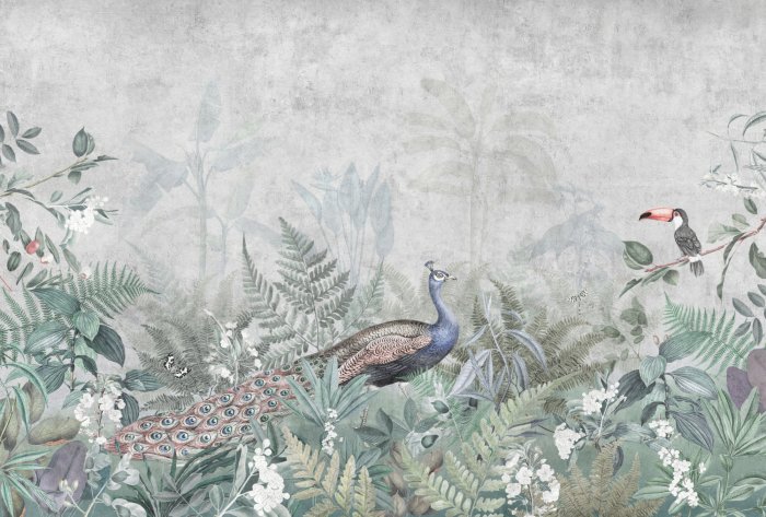 Papier peint  Oiseaux exotiques parmi les feuilles tropicales