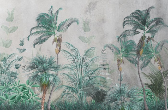 Papier peint  Paysage de jungle tropicale avec palmiers et feuilles d'eucalyptus