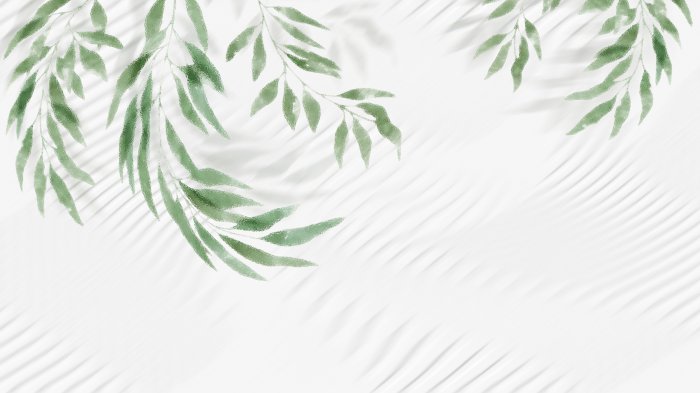 Papier peint  Feuilles vertes suspendues du haut sur fond blanc