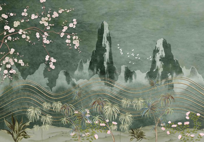 Papier peint  Paysage de style chinois avec plantes, montagnes et oiseaux