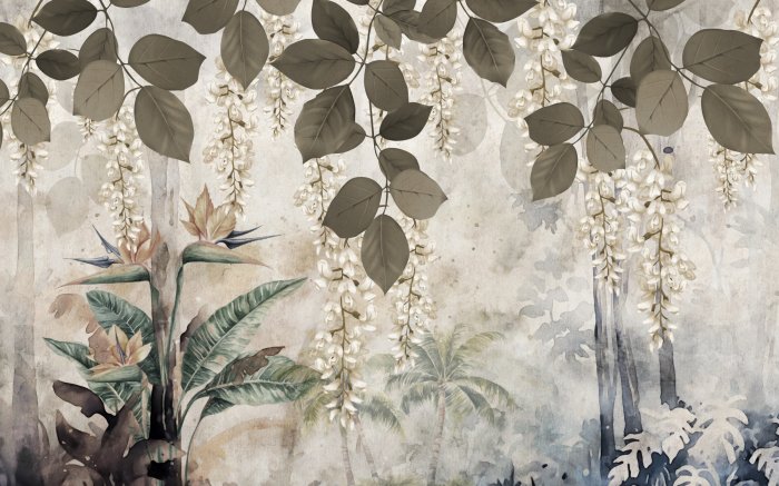 Papier peint  Plantes tropicales et fleurs blanches sur fond aquarelle