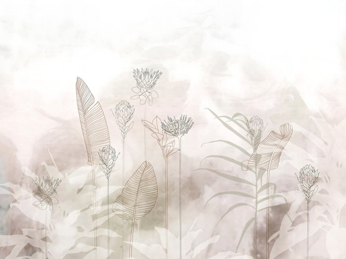 Papier peint  Feuilles et fleurs délicates sur fond aquarelle