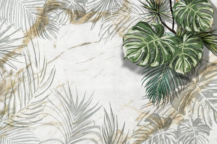 Papier peint  Plantes tropicales monstera et palmier sur fond en marbre