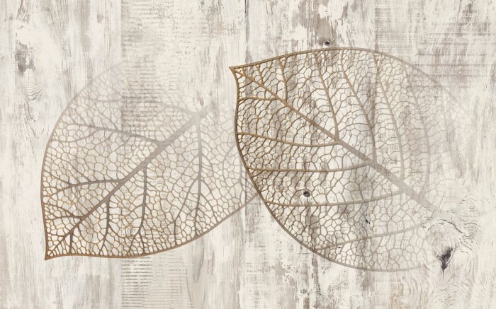 Papier peint  Feuilles 3D sur un Fond en Bois