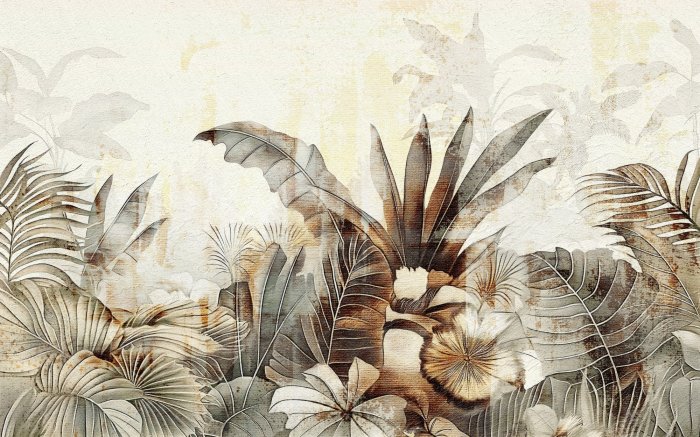Papier peint  Plantes Tropicales et Feuilles sur un Fond en Béton