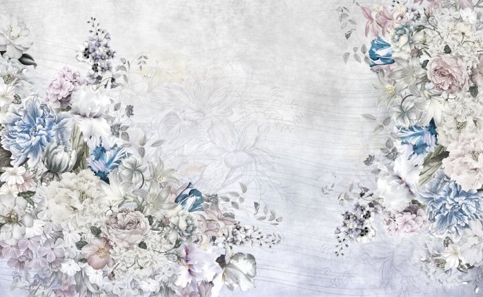 Papier peint  Fleurs Romantiques et Colorées sur un Fond Gris