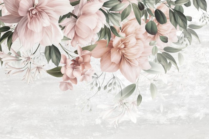 Papier peint  Fleurs Roses Parmi les Feuilles Vertes sur un Fond en Béton