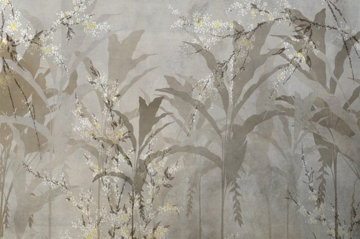 Papier peint  Plantes Beiges sur un Fond en Béton Gris