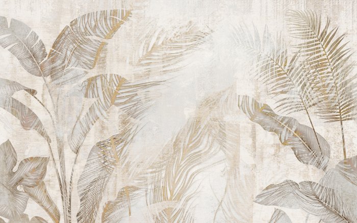 Papier peint  Feuilles Tropicales sur Fond Beige-Gris Effet Béton