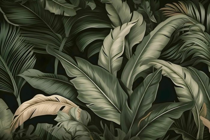 Papier peint  Grandes feuilles de bananier sur fond sombre