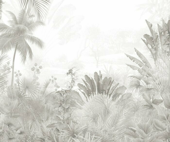 Papier peint  Tropical trees and leaves in foggy forest wallpaper design - 3D