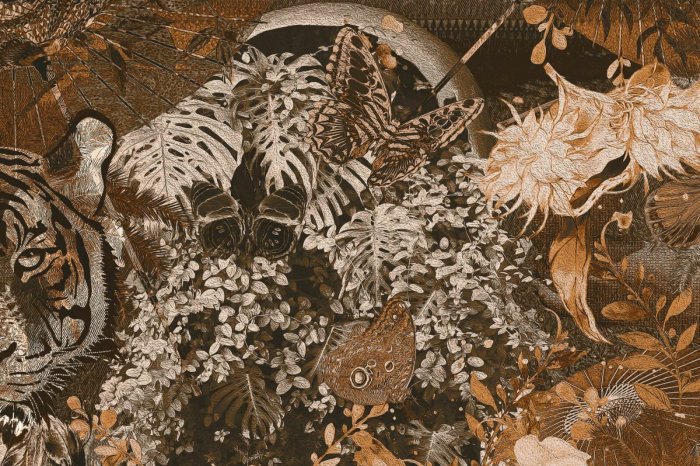 Papier peint  Botanical and wild animal with tropical topic. Summer vibe abstract wallpaper with tiger.