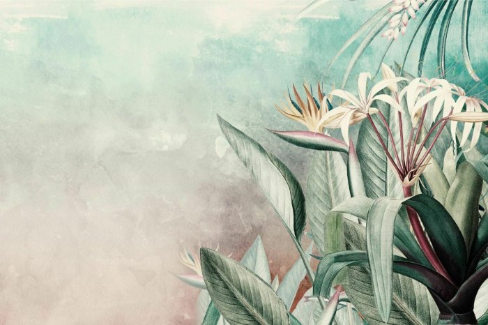Papier peint  Feuilles et fleurs exotiques sur fond aquarelle