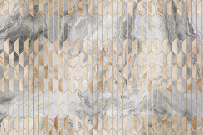 Papier peint  Narrow ornament of marble parquet with metal elements. Geometric abstraction, rhombuses. Fashion poster for textile, fabric, web, Wallpaper, poster, home design