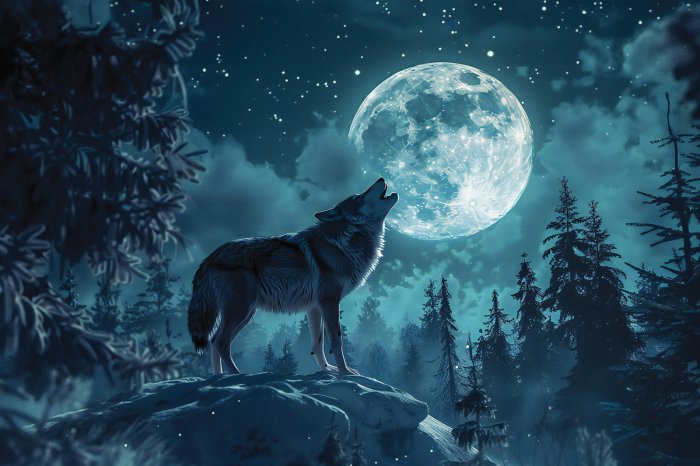 Papier peint  Loup sur le versant de la montagne parmi les arbres et la pleine lune