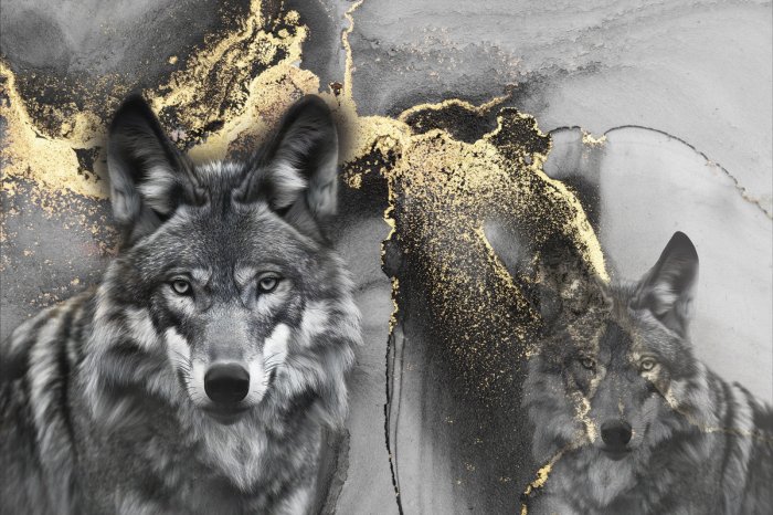 Papier peint  Portrait gris de loups avec ornement doré