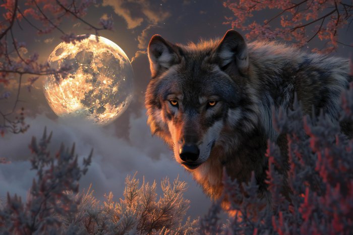 Papier peint  Loup parmi la végétation sur fond de pleine lune