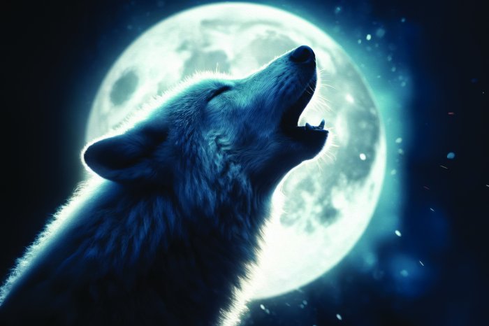 Papier peint  Loup de nuit hurlant sous la lune brillante