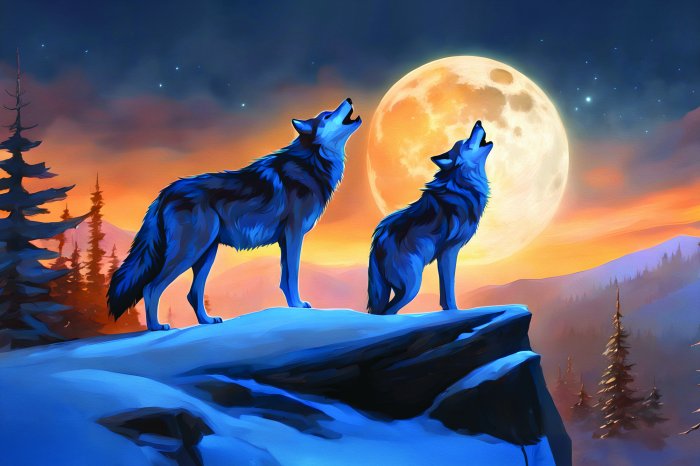 Papier peint  Loups sur le flanc de la montagne lors de la pleine lune