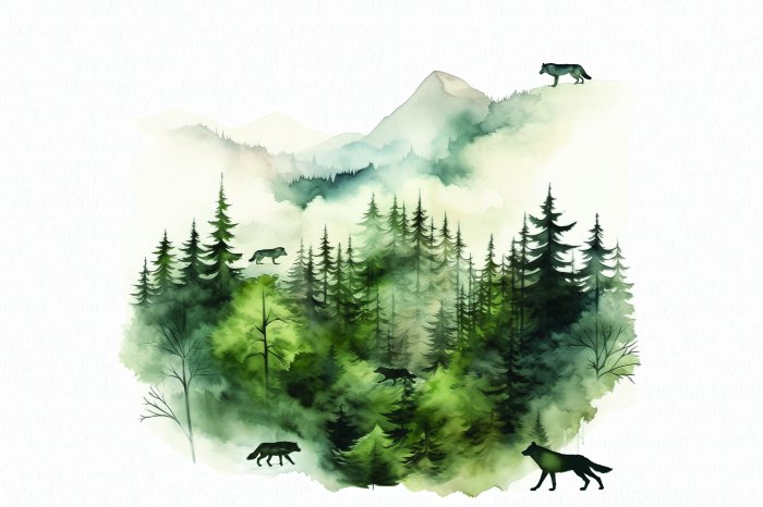 Papier peint  Paysage de collines avec des arbres et des loups