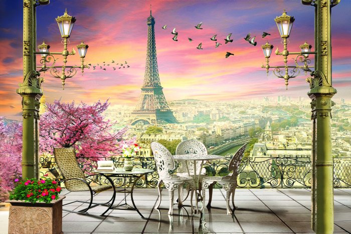 Papier peint  Terrasse élégante avec des fleurs sur fond de panorama de Paris
