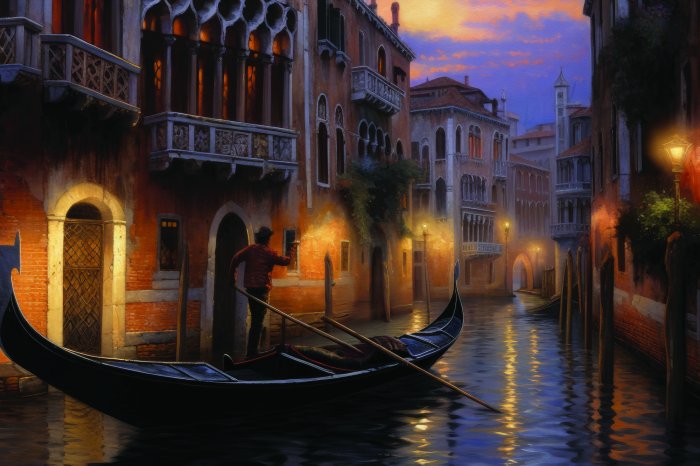 Papier peint  Panorama nocturne de Venise avec un gondolier