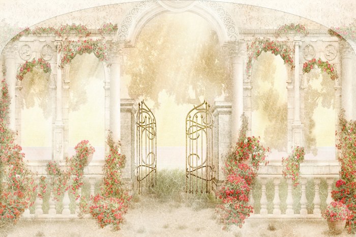 Papier peint  Jardin fleuri parmi l'architecture historique