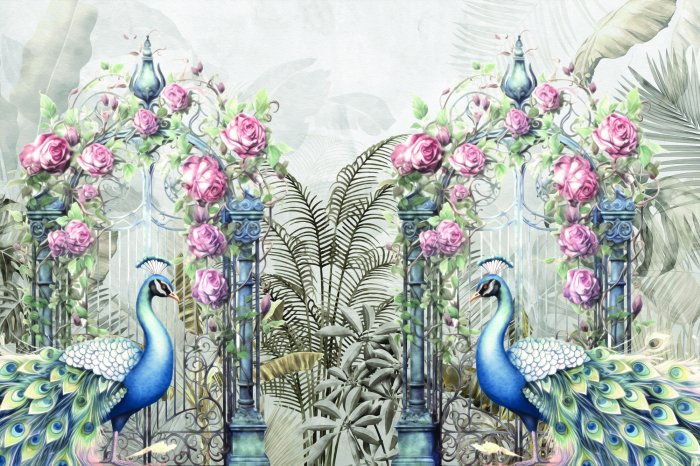 Papier peint  Jardin botanique avec des roses et des paons