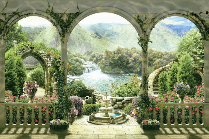 Papier peint  Arches anciennes avec vue sur un jardin paradisiaque