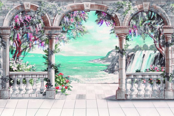 Papier peint  Terrasse avec arches parmi la végétation et la mer