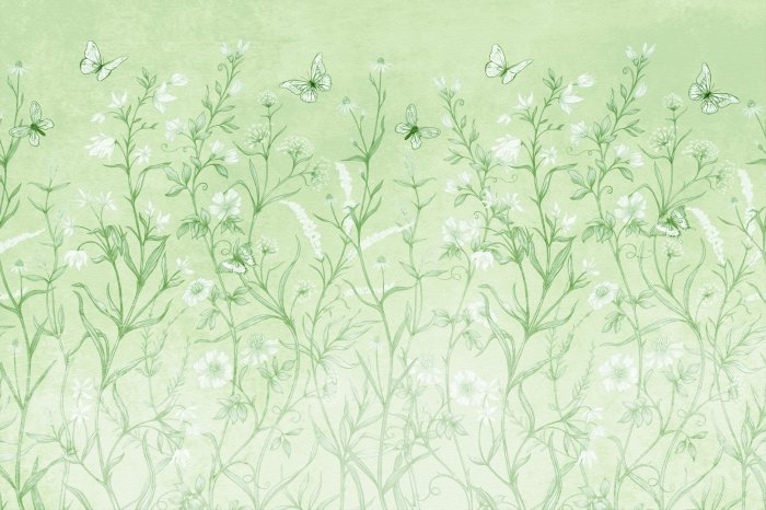 Papier peint  Prairie sauvage avec fleurs et papillons dans la verdure