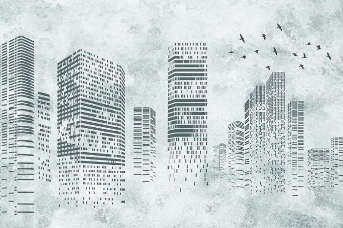 Papier peint  Grands immeubles de bureaux sur fond en béton