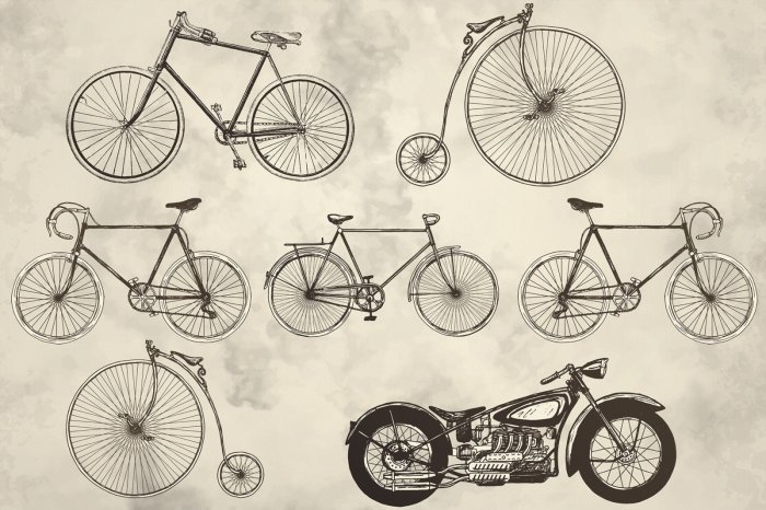 Papier peint  Vélos rétro et moto sur fond gris