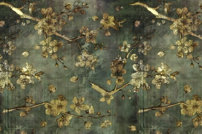 Papier peint  Béton gris avec des fleurs dorées