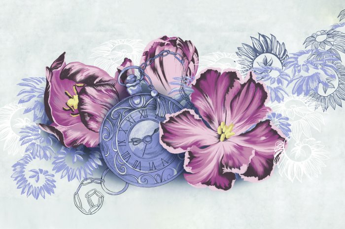 Papier peint  Vieil horloge parmi des fleurs roses