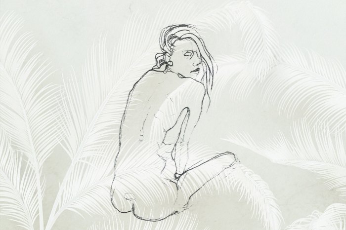 Papier peint  Croquis d'une femme parmi les feuilles de palmier