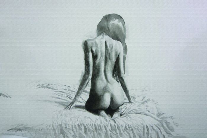 Papier peint  Portrait minimaliste d'une femme assise sur un lit