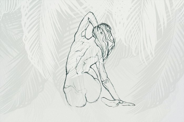 Papier peint  Croquis d'une femme délicate sur fond de feuilles