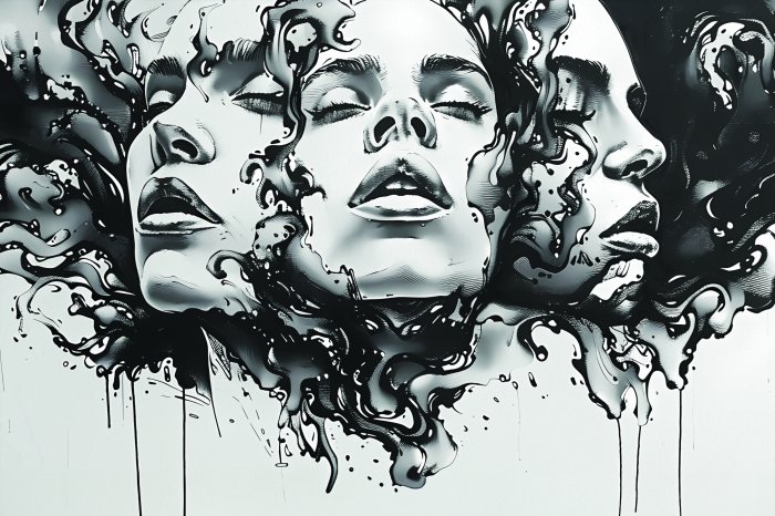 Papier peint  Fresque en noir et blanc avec visage de femme