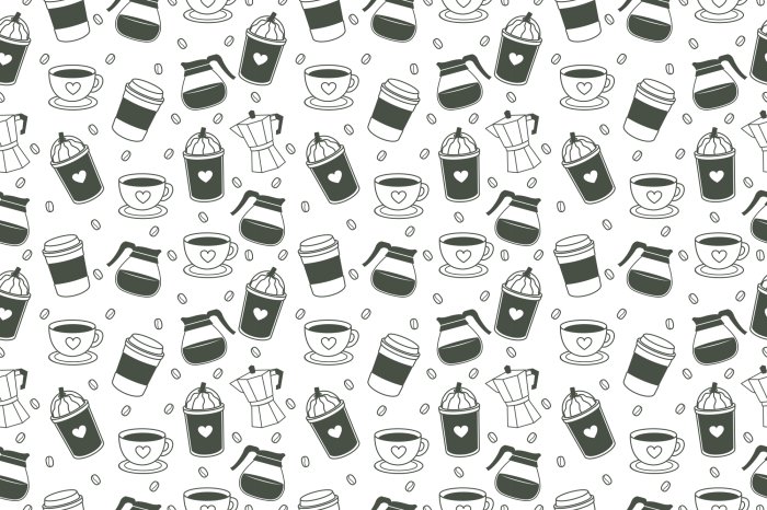 Papier peint  Motif café avec des grains et des tasses élégantes