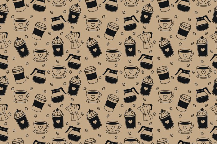 Papier peint  Motif avec des grains de café et des tasses