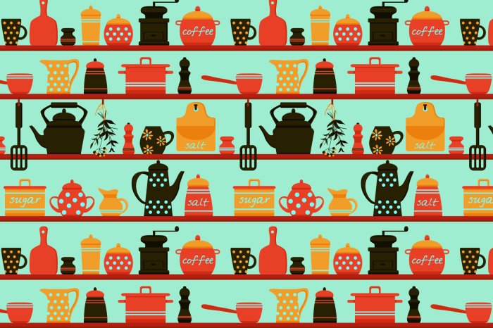 Papier peint  Étagères avec des cruches en porcelaine et du café