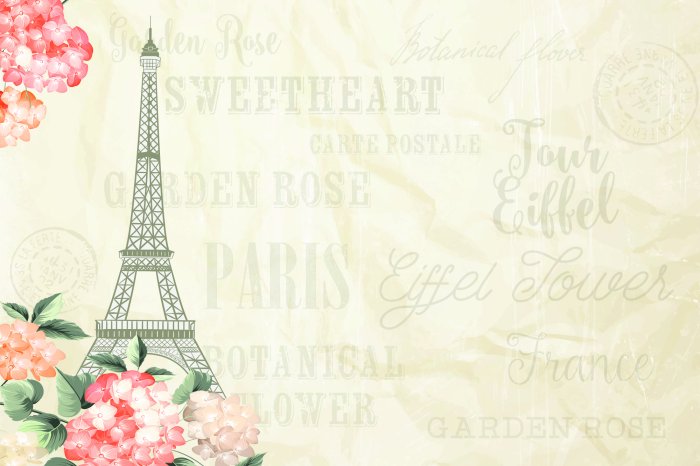 Papier peint  Tour Eiffel parmi les fleurs et les inscriptions