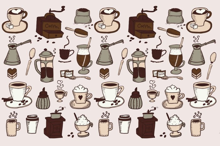 Papier peint  Motif café avec tasses et moulins